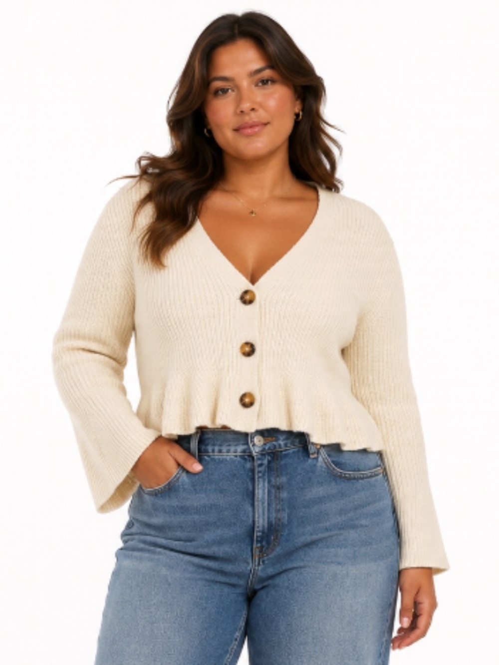 KATE & MALLORY Button Front Peplum Cardigan Cream Size Large